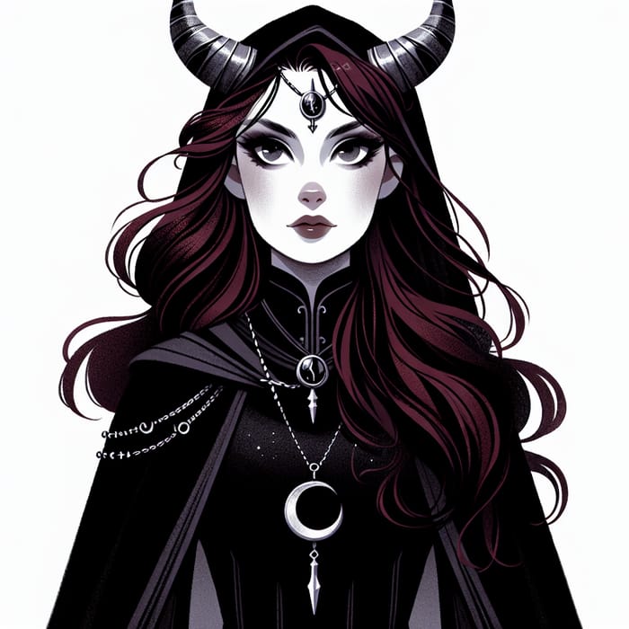 Woman in Black Medieval Fantasy Costume with Silver Horns and Burgundy Hair