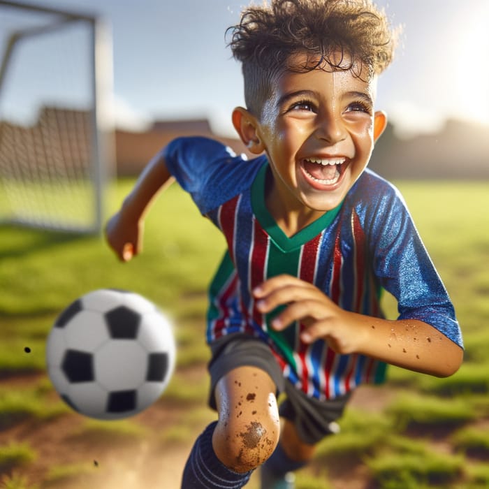Young Moroccan Boy Joyfully Playing Soccer in Bright Sun