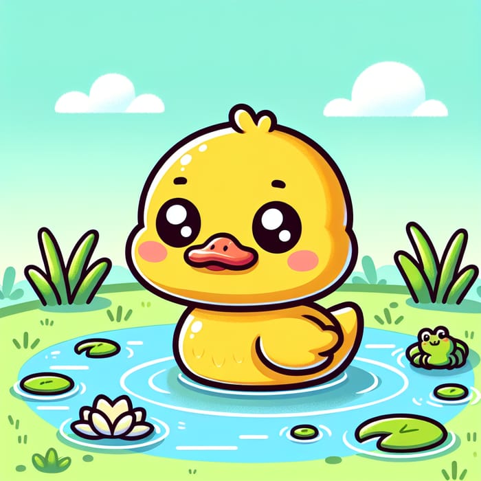 Cute Yellow Duckling in Animated Drawing | Serene Pond Scene