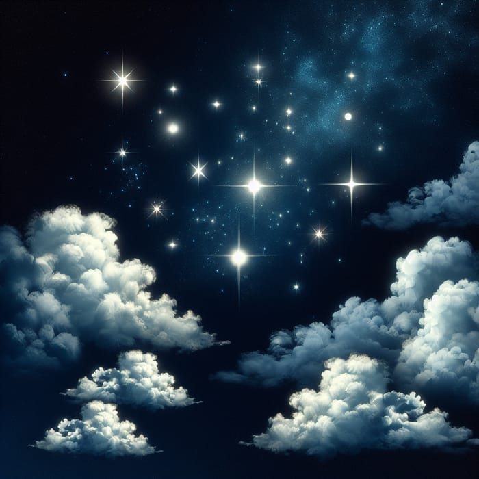 Serene Night Sky with 5 Stars & Fluffy Clouds