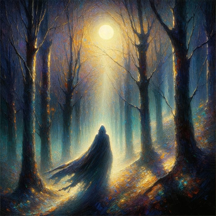 Enigmatic Figure in Enchanted Forest: Impressionism Art
