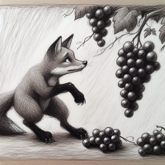Fox and Grapes Charcoal Drawing