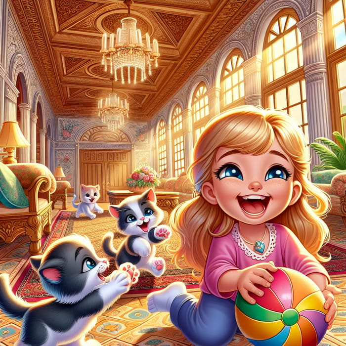 Girl Cartoon Playing with Cute Kittens in Luxurious Bungalow