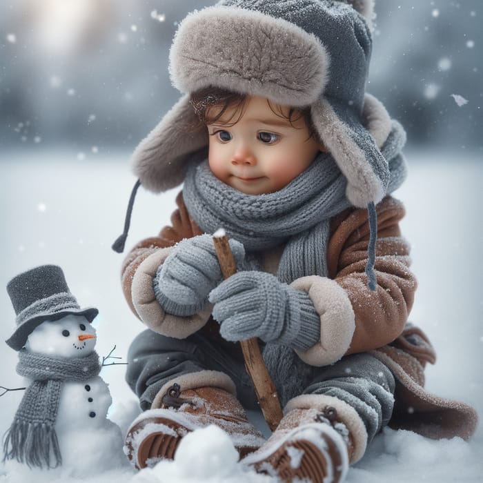 Curious Boy Squatting in Snow with Snowman - Winter Scene