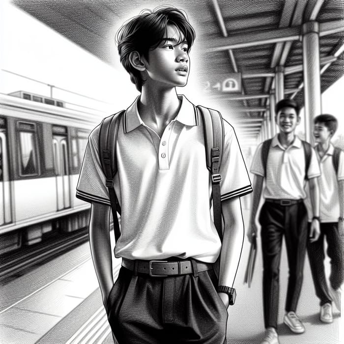 Teen Journeying to Office in White Polo & Black Pants Sketch
