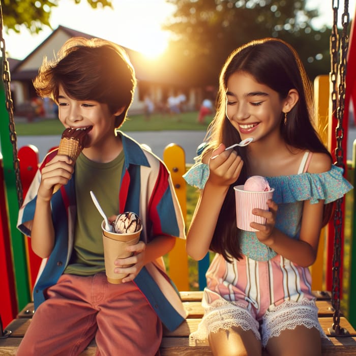 Kids Enjoying Ice Cream on Swing Set in Colorful Park