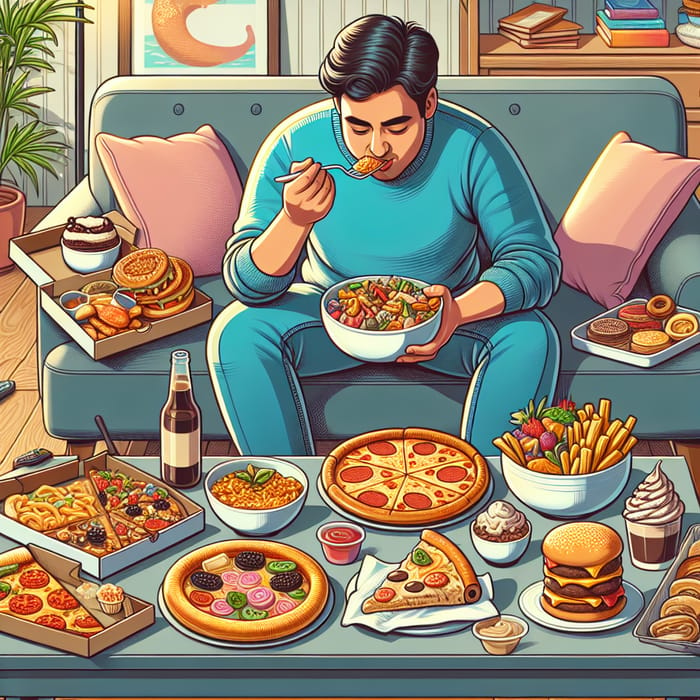 South Asian Person Indulging in Delicious Food in Comfortable Setting