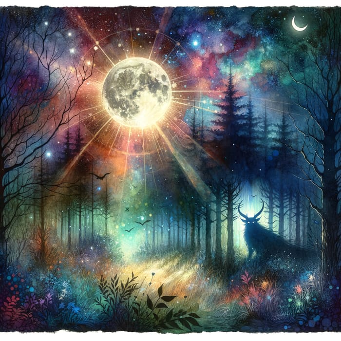 Ethereal Moonlit Forest | Celestial-Themed Watercolor Scene