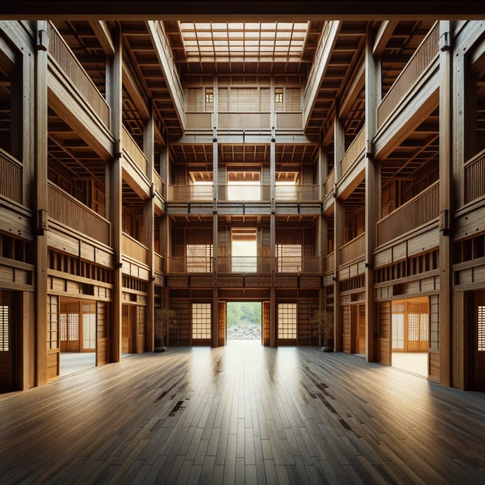 Vast Serenity: Two-Story Wooden Building with Japanese Windows