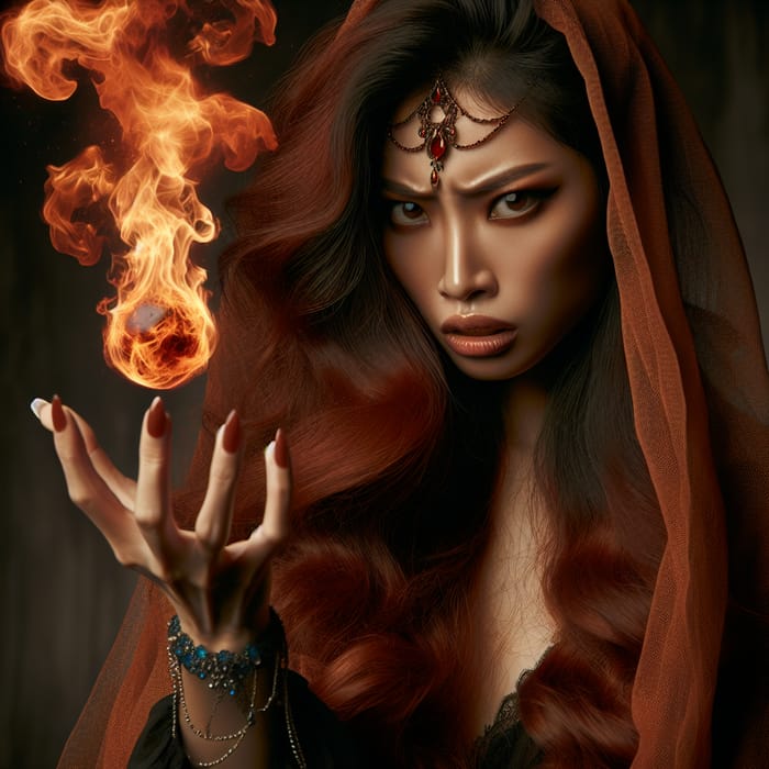 Captivating Fiery Asian Woman Conjuring Flames with Intense Determination