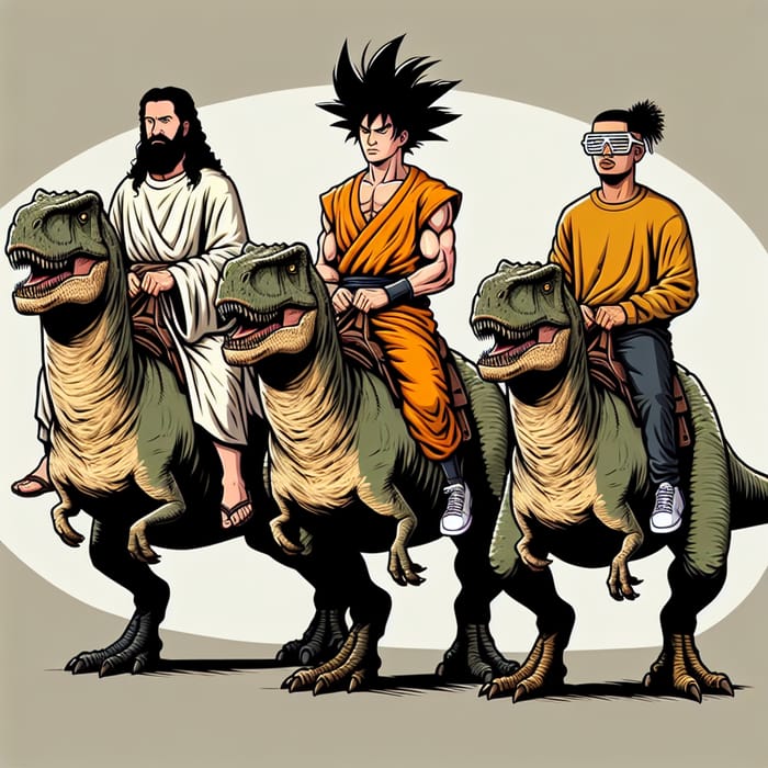 Epic Scene: Jesus, Goku, and Kanye West Riding T-Rexes