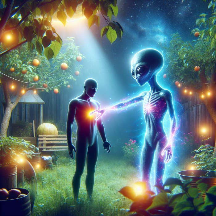 Cosmic Transfer: Alien Transmitting Space Energy to Human Direct Heart in Garden