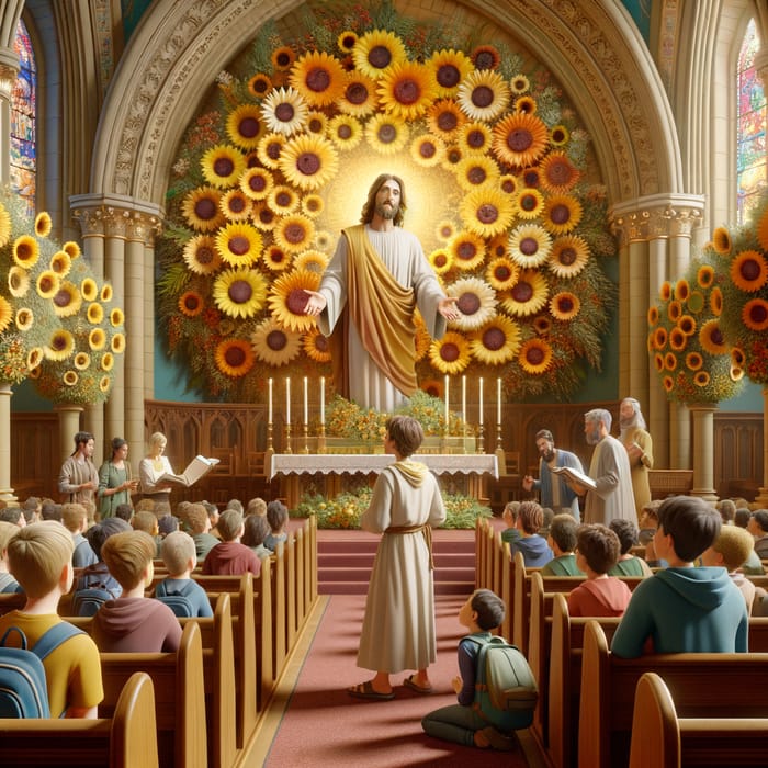 Animated Jesus praying with young people in sunflower-adorned church