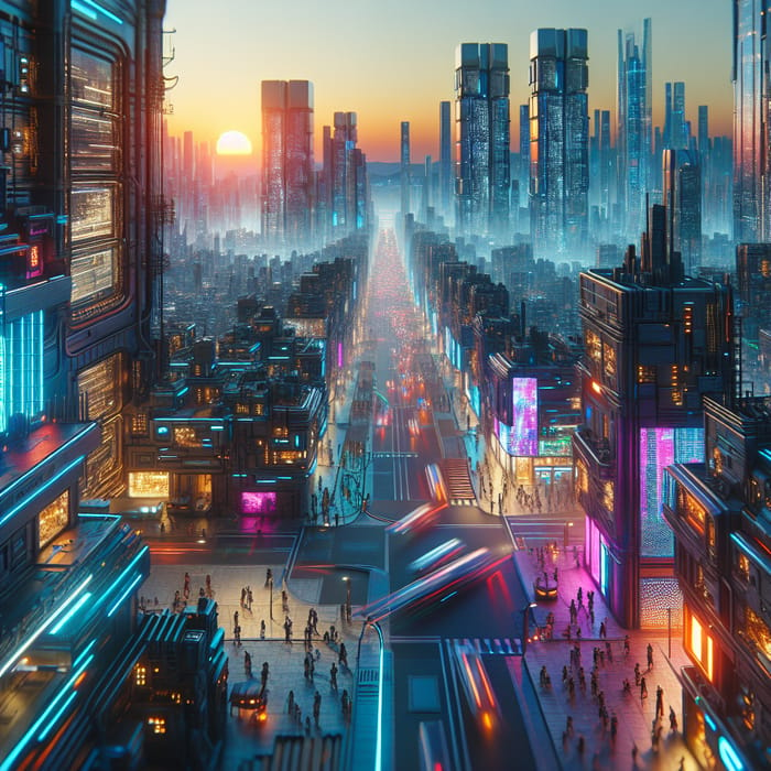 Neon Cyberpunk Cityscape - Energetic Dusk View