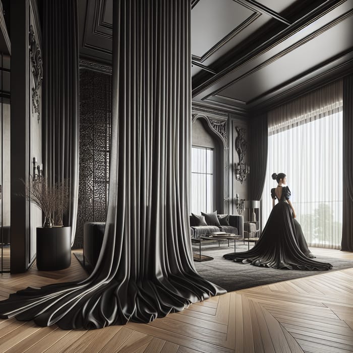 Elegant Modern Interior with Black Curtains - Stylish Furniture