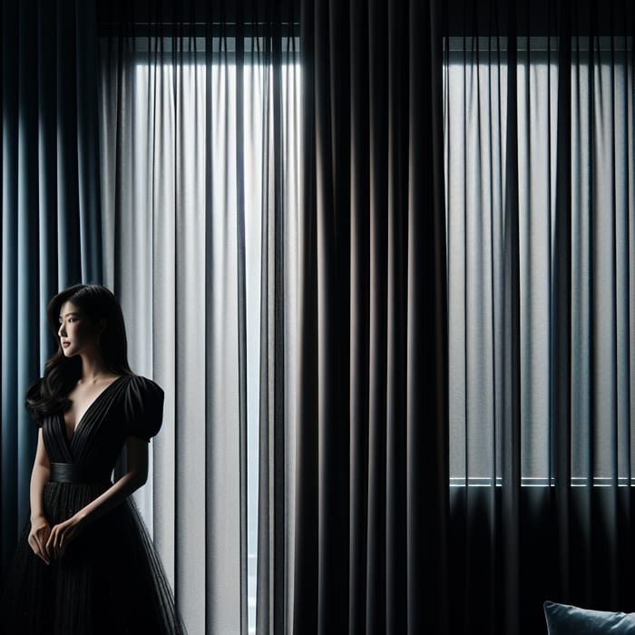 Elegant Woman in Modern Interior with Black Curtains