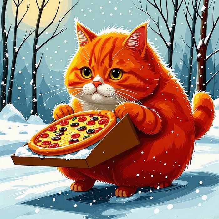 Fat Cat Delivery Pizza on Winter - Cute Orange Cat
