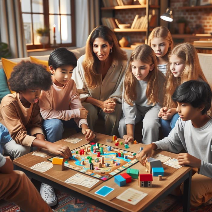 Multi-ethnic Children and Adult Playing Board Game in Living Room
