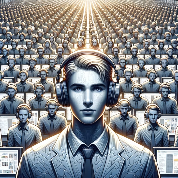 Diverse Computer Characters Surround Blond Man in Wireless Headphones
