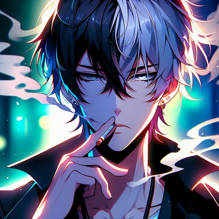 Anime Male Character with Dual-Toned Hairstyle in Neon Cyberpunk Scene