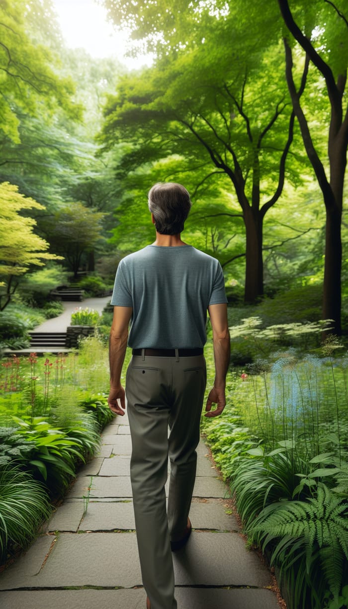 Healthy Middle-Aged Man Walking in Serene Green Park
