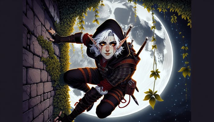 Moonlit Elf Girl Wall Climbing Art - Spider-like Agility Sketch