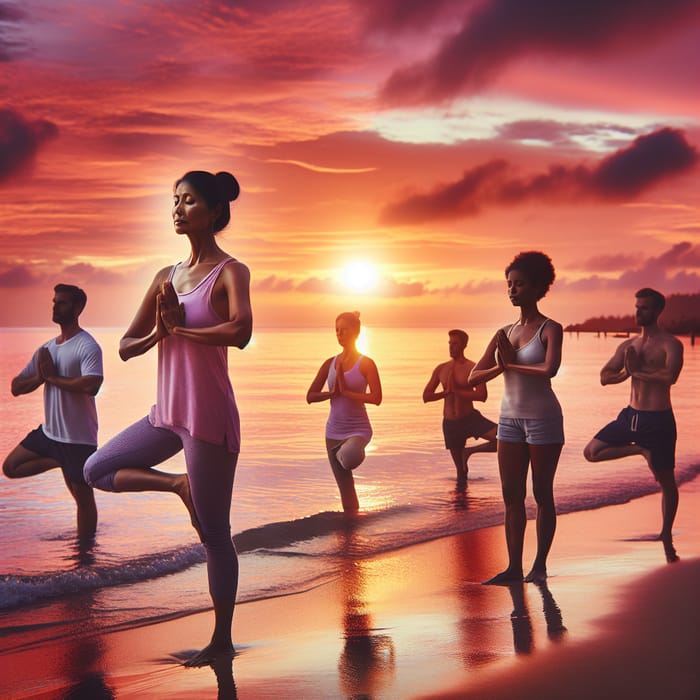 Diverse Group Yoga Meditation at Beach Sunset