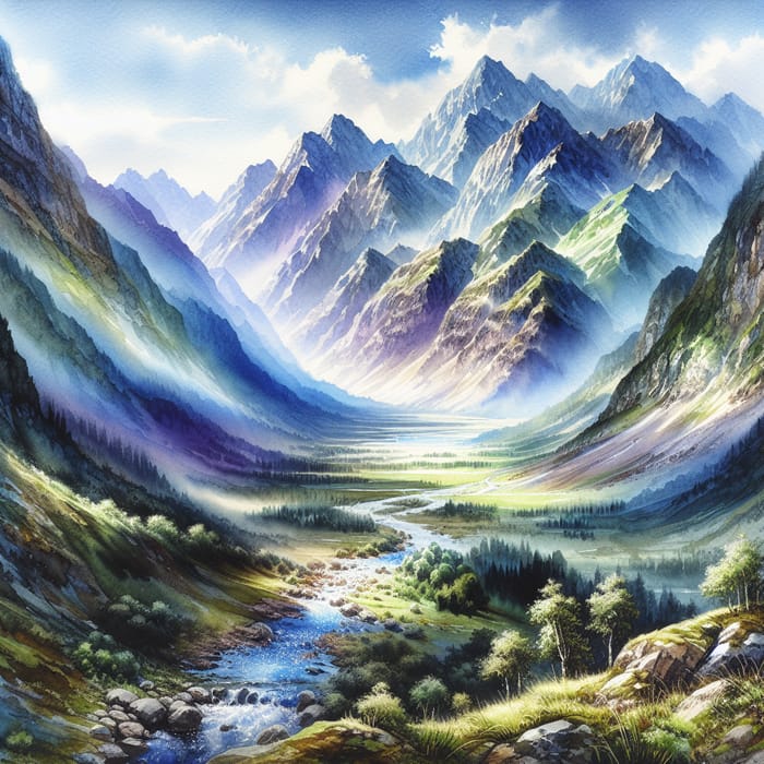 Serene Watercolor Mountains Landscape - Nature Art