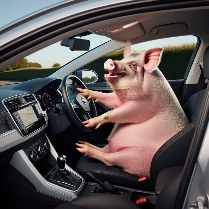 Playful Image of Pig Behind the Wheel of Skoda Octavia