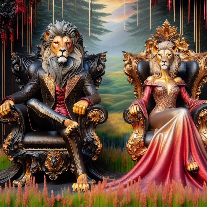 Imaginative Realism: Majestic Male and Female Lions in Cyberpunk-inspired Scene