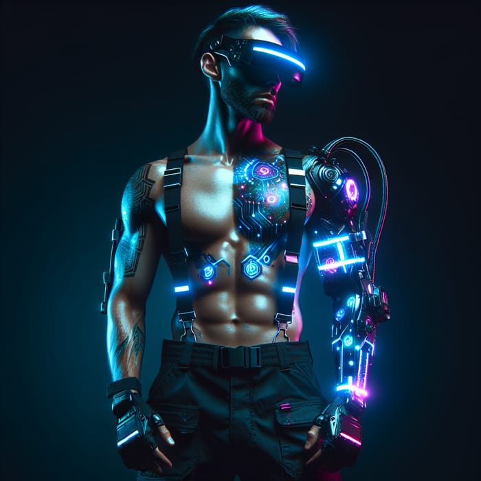 Cyberpunk Man with Neon Tattoos and Techwear Helmet