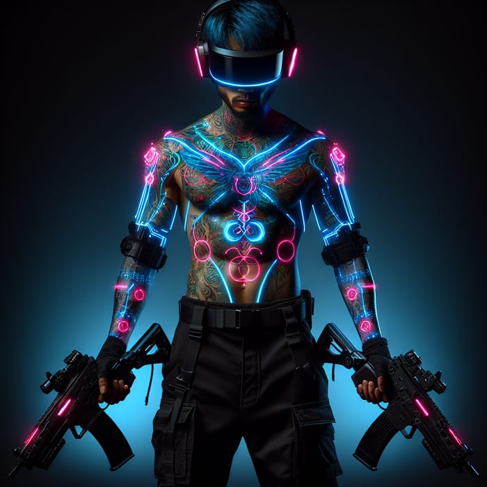 Cyberpunk Man with Neon Tattoos, LED Helmet, and SMGs