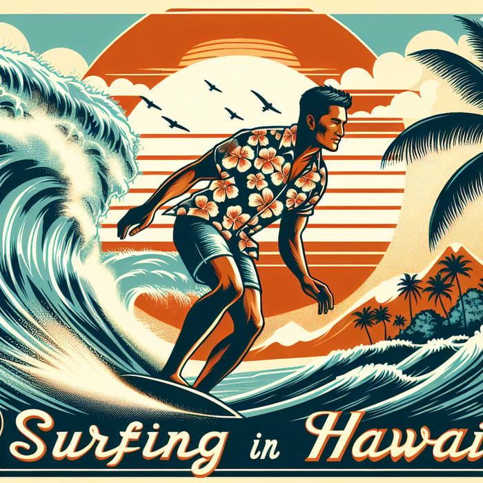 Vintage Surfing in Hawaii Poster - Tropical Sunset Art