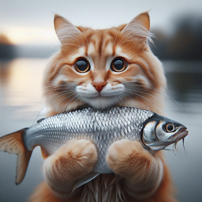 Happy Ginger Cat Holding Fish