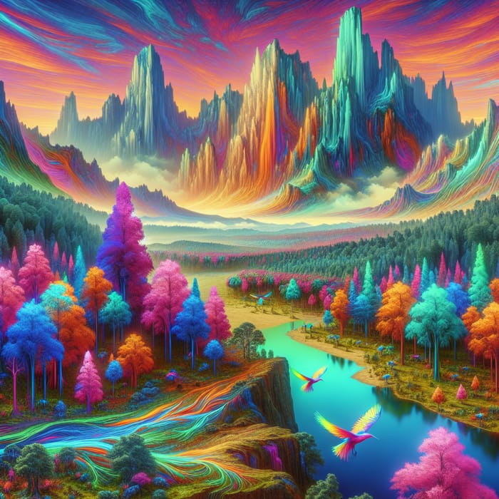Surreal Mountain Landscape with Neon Hues and Colossal Guardians
