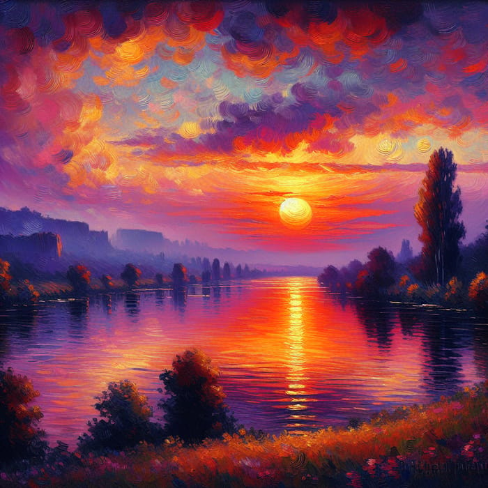 Tranquil Sunset Over Lake Painting in Impressionist Style