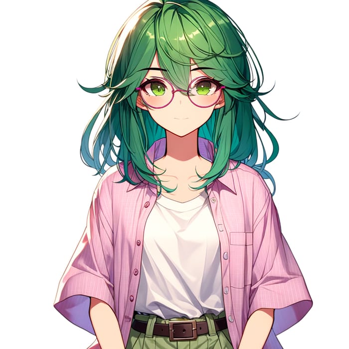 Vibrant Green Hair Anime Girl in Pink Glasses HD