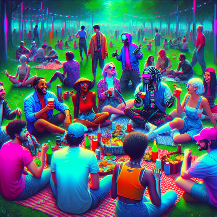 Cyberpunk Style Picnic: Youthful Laughter & Neon Park Vibes