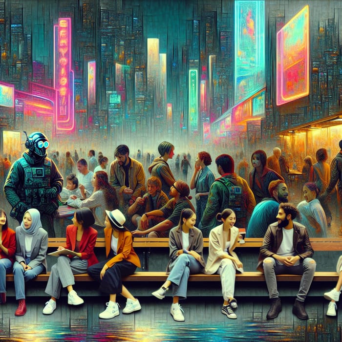 Cyberpunk Style Art: Colorful Group Scenes with Neon Flair
