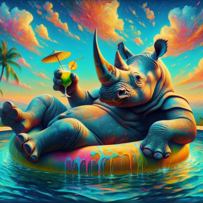 Majestic Rhino Enjoying Tropical Cocktail in Vibrant Pool