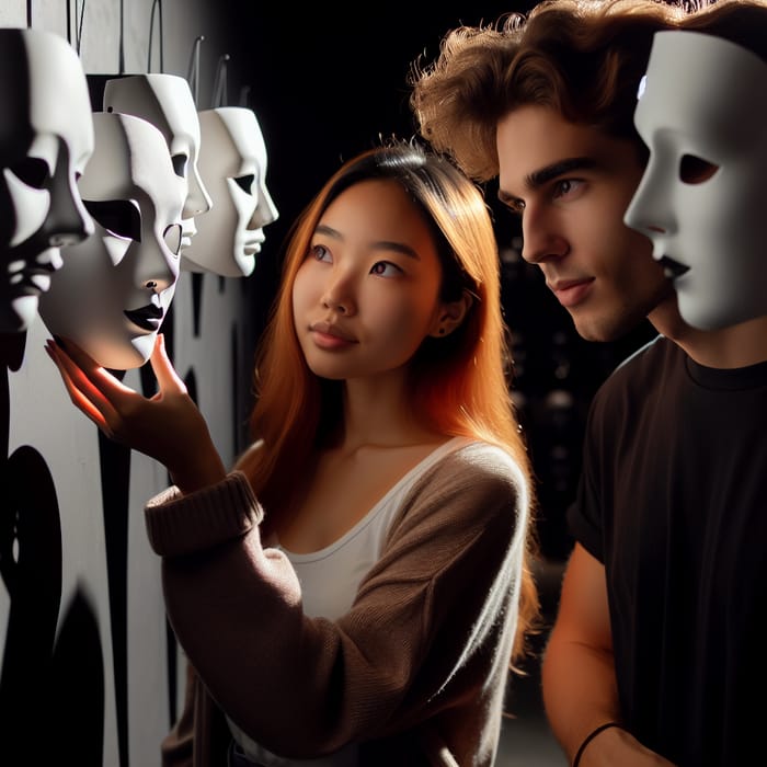 Intricate White Masks: Orange Hair Asian Woman & Hispanic Man