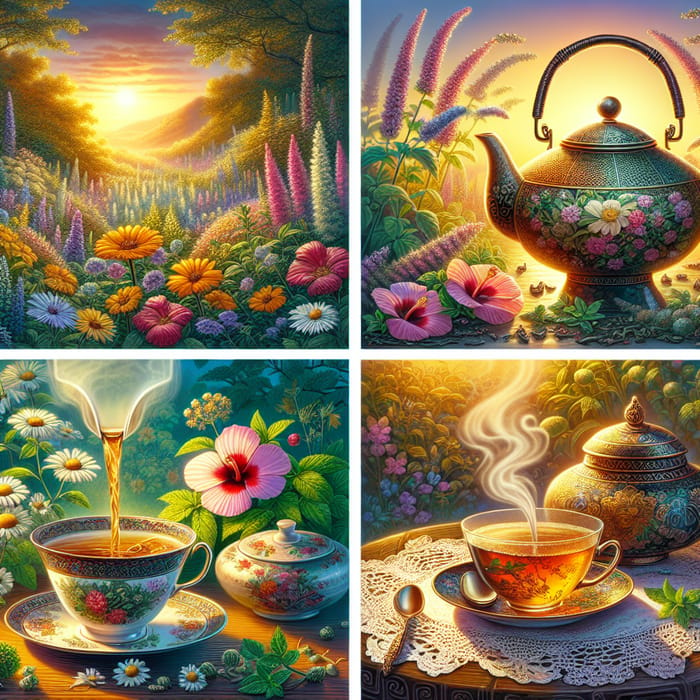 Experience Serenity: Herbal Tea Illustrations & Calming Garden Scenes