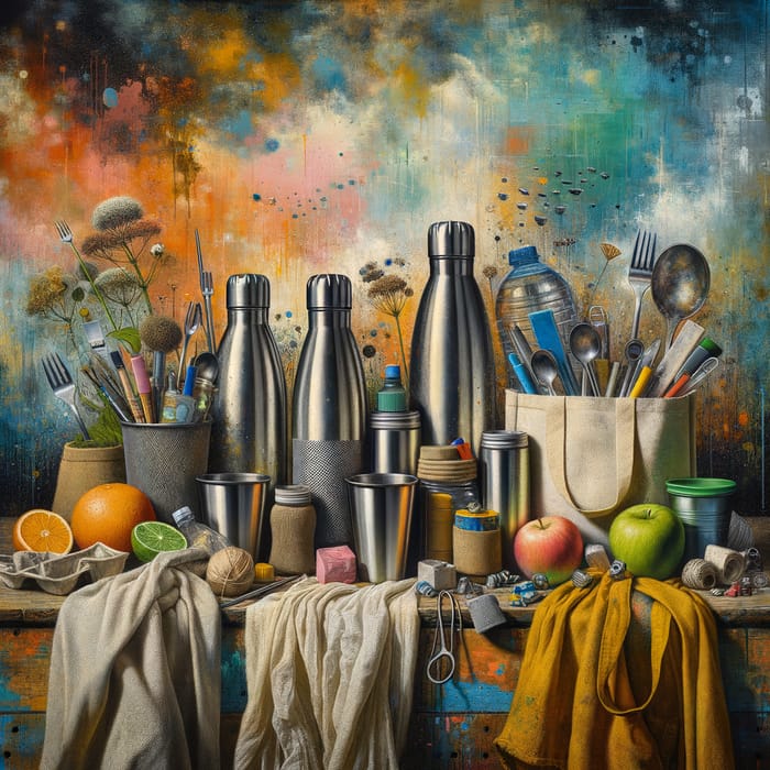 Vibrant Still Life with Reusable Items | Eco-Friendly Artwork