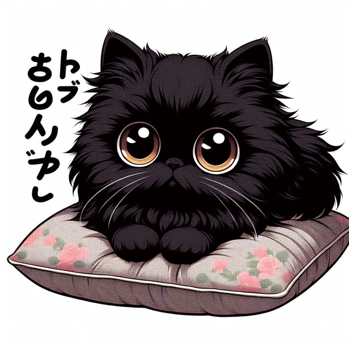 Cute Black Persian Kitten on Soft Cushion in Anime Style