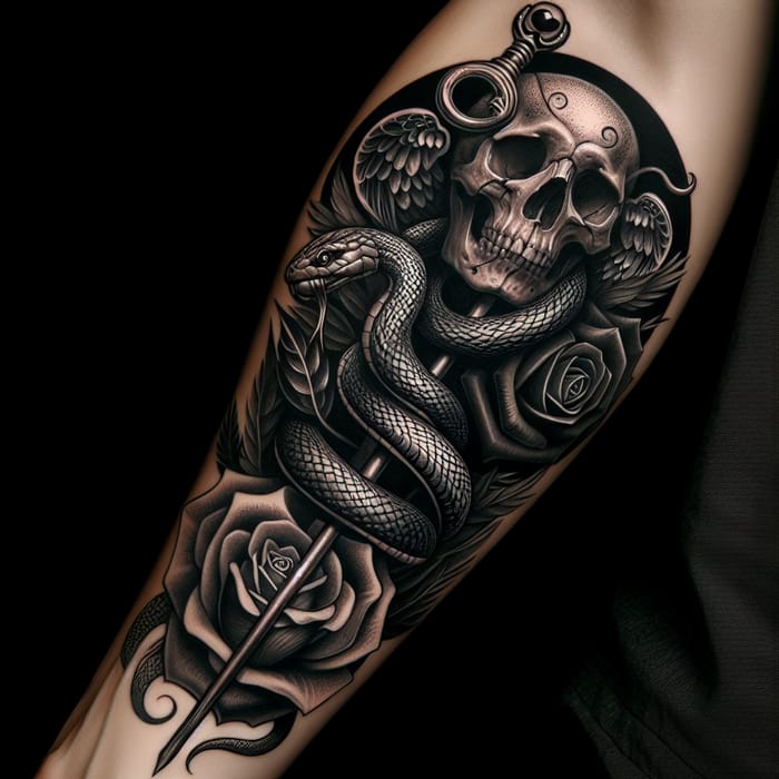 Skull and Snake Tattoo with Black Rose | AI Art Generator | Easy-Peasy.AI