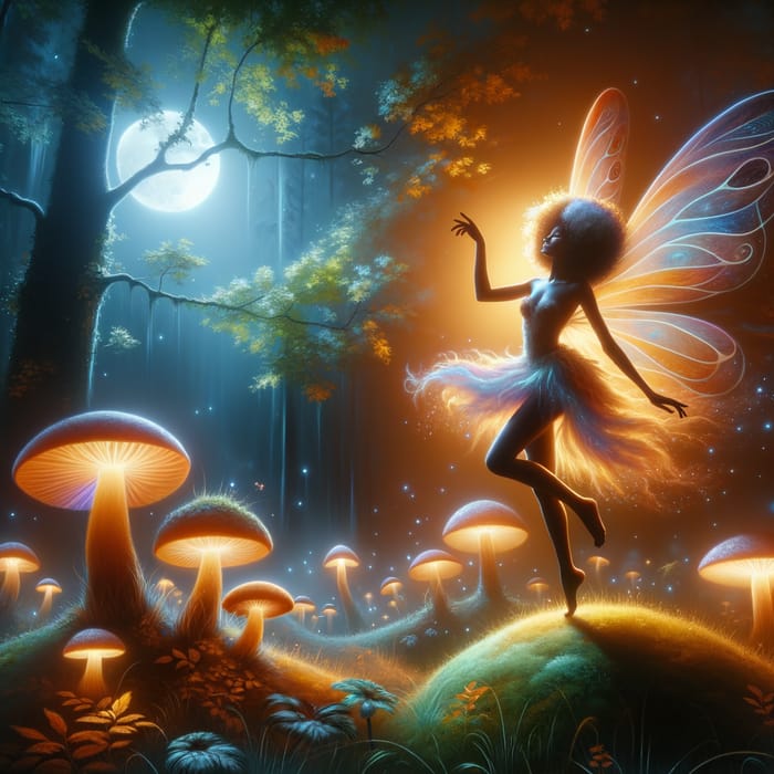 Luminescent Forest with Gleaming Mushrooms and Enchanting Fairy