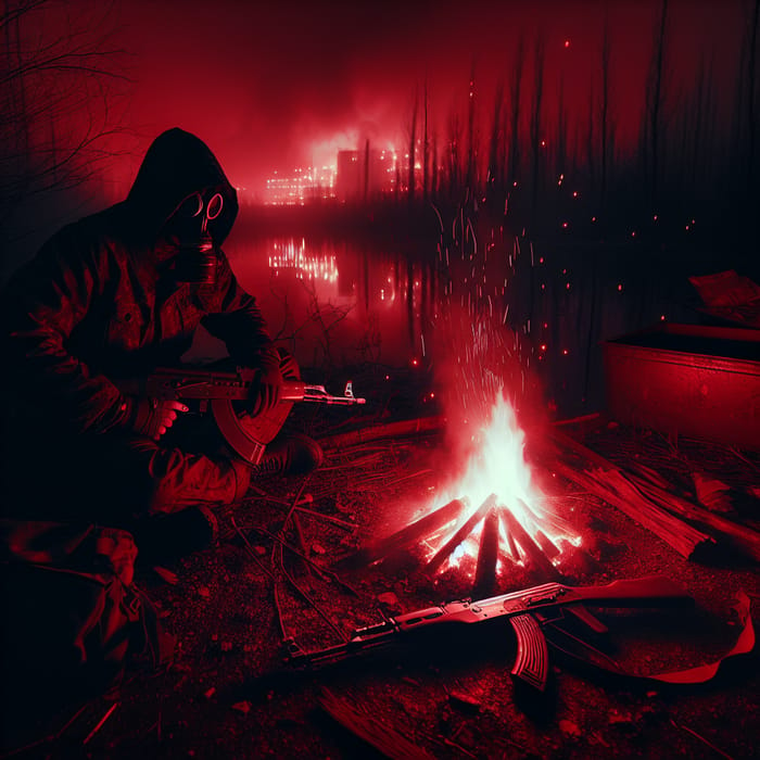 Chernobyl Stalker by Bonfire Near Swamp with Rifle | Dark Red Ambient