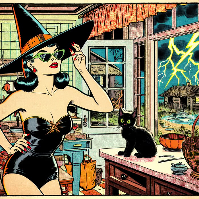 Whimsical Witch in Vintage Swimwear - Magical Scene