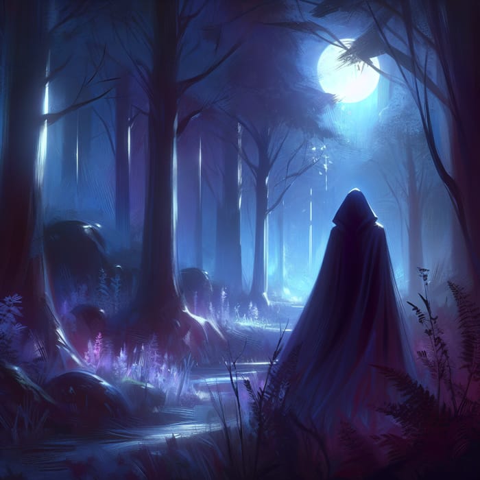 Enigmatic Figure in Moonlit Forest - Fantasy Digital Art