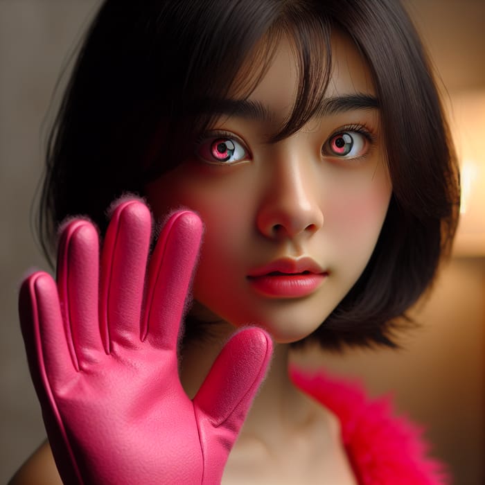 Intriguing Hazel-Eyed Asian Girl in Pink Glove - Captivating Portrait